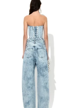 ACID WASH DENIM DOUBLE WAIST BOYFRIEND TROUSERS