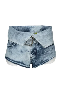 ACID WASH DENIM FOLDING WAISTBAND SHORTS
