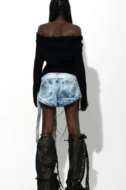 ACID WASH DENIM FOLDING WAISTBAND SHORTS