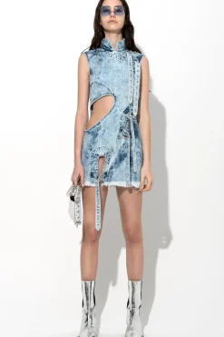 ACID WASH DENIM MANDARIN CUT OUT DRESS