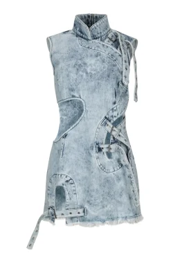 ACID WASH DENIM MANDARIN CUT OUT DRESS