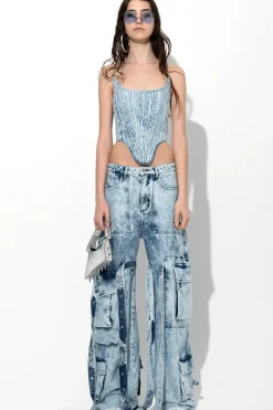 ACID WASH DENIM MULTI POCKET CARGO TROUSERS