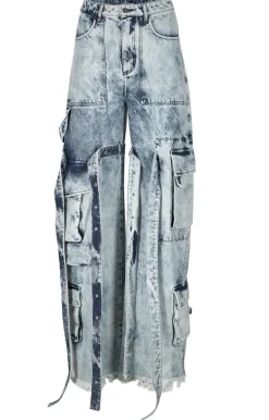 ACID WASH DENIM MULTI POCKET CARGO TROUSERS