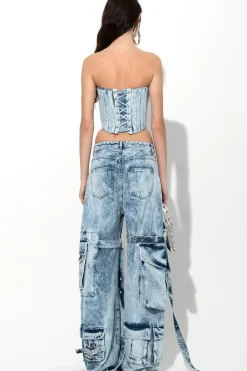 ACID WASH DENIM MULTI POCKET CARGO TROUSERS
