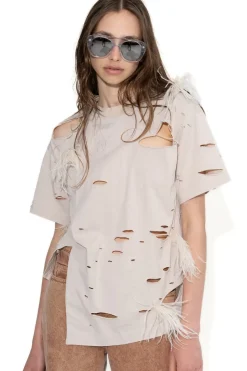 BEIGE DISTRESSED T-SHIRT WITH FEATHERS