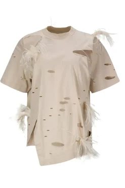 BEIGE DISTRESSED T-SHIRT WITH FEATHERS