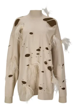 BEIGE DISTRESSED TURTLENECK WITH FEATHERS
