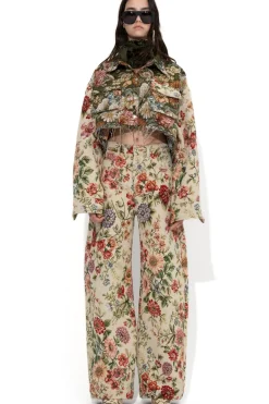 BEIGE FLORAL BROCADE BOYFRIEND TROUSERS