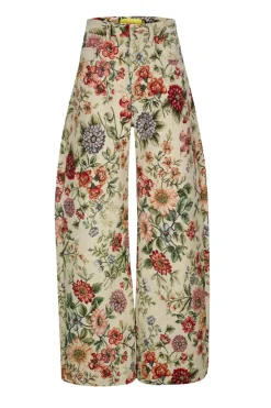 BEIGE FLORAL BROCADE BOYFRIEND TROUSERS