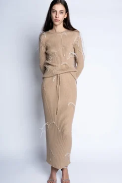 BEIGE MERINO FEATHER CREW NECK TOP