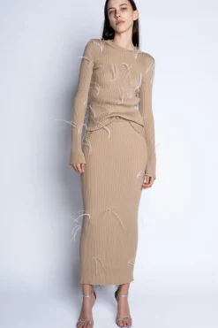 BEIGE MERINO WOOL FEATHER LONG SKIRT