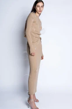BEIGE MERINO WOOL FEATHER LONG SKIRT