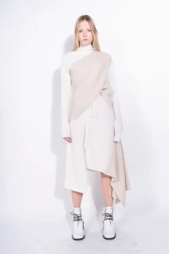 BEIGE PATCHWORK DRAPED JUMPER IN MERINO KNIT
