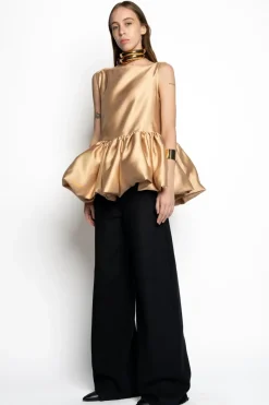 BEIGE SLEEVELESS PUFF HEM TOP