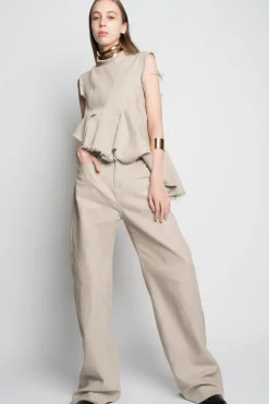 BEIGE WOVEN BOYFRIEND TROUSERS