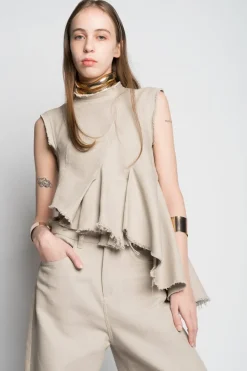 BEIGE WOVEN SLEEVELESS TOP WITH ASYMMETRIC HEM