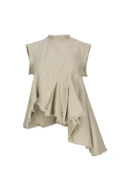 BEIGE WOVEN SLEEVELESS TOP WITH ASYMMETRIC HEM