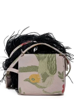 BIRD BROCADE WALLET BAG WITH FEATHER STRAP