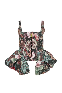 BLACK BROCADE CORSET WITH FRONT HOOK & EYE CLOSURE