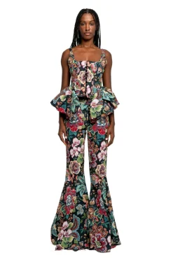 BLACK BROCADE CORSET WITH FRONT HOOK & EYE CLOSURE