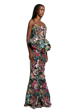 BLACK BROCADE CORSET WITH FRONT HOOK & EYE CLOSURE