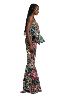 BLACK BROCADE CORSET WITH FRONT HOOK & EYE CLOSURE
