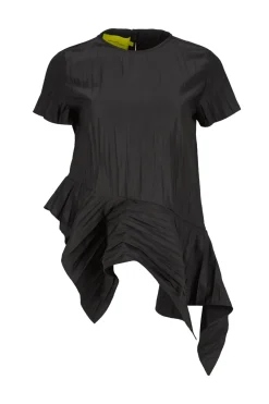 BLACK CAP SLEEVE PLISSE T-SHIRT