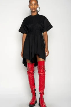 BLACK CINCHED PLEATED T-SHIRT DRESS