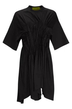 BLACK CINCHED PLEATED T-SHIRT DRESS