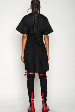 BLACK CINCHED PLEATED T-SHIRT DRESS