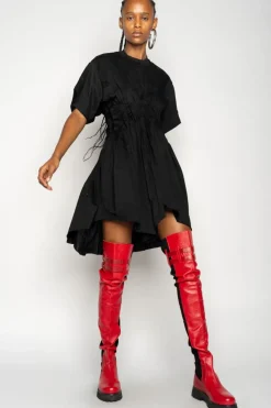 BLACK CINCHED PLEATED T-SHIRT DRESS
