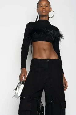 BLACK CROPPED FEATHER TOP