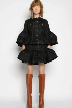 BLACK DENIM SHORT SKIRT WITH FLOUNCE
