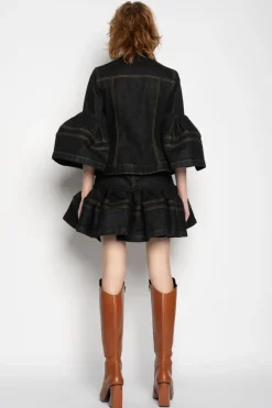 BLACK DENIM SHORT SKIRT WITH FLOUNCE