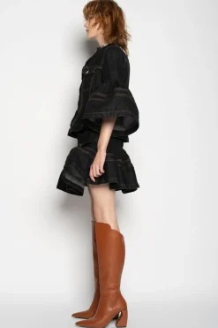 BLACK DENIM SHORT SKIRT WITH FLOUNCE