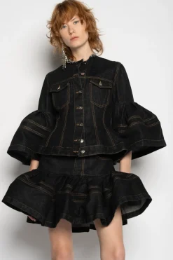 BLACK DENIM SHORT SKIRT WITH FLOUNCE