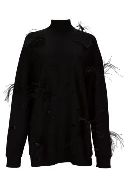 BLACK DISTRESSED TURTLENECK WITH FEATHERS