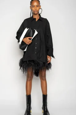 BLACK FEATHER HEM SHIRT DRESS