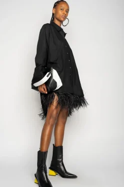 BLACK FEATHER HEM SHIRT DRESS