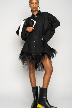 BLACK FEATHER HEM SHIRT DRESS