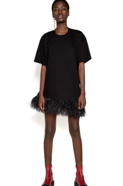 BLACK FEATHER HEM T-SHIRT DRESS