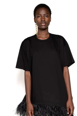 BLACK FEATHER HEM T-SHIRT DRESS