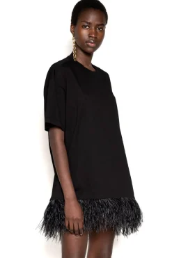 BLACK FEATHER HEM T-SHIRT DRESS