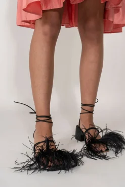 BLACK FEATHER STRAPPY SANDAL