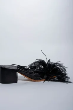 BLACK FEATHER STRAPPY SANDAL