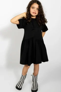 BLACK GATHERED JERSEY T-SHIRT DRESS