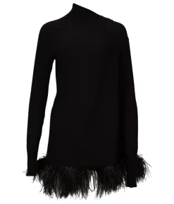 BLACK MERINO WOOL DRAPED JUMPER WITH FEATHERS