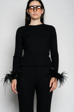 BLACK MERINO WOOL FITTED TOP WITH FEATHERS