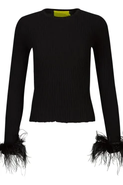 BLACK MERINO WOOL FITTED TOP WITH FEATHERS