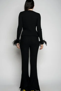 BLACK MERINO WOOL FITTED TOP WITH FEATHERS